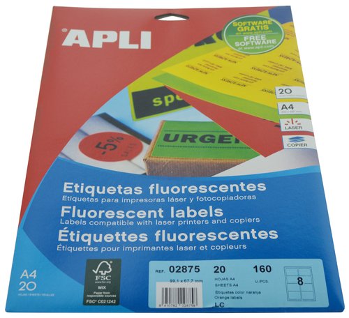 APLI - ETIQUETAS ADH.IMPR. A4 FLUOR NARANJA LS-CP C.ROMOS BLISTER 20h 99,1x67,7 mm 160 uds.(0) (Ref.2875)