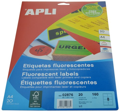 APLI - ETIQUETAS ADH.IMPR. A4 FLUOR ROJO LS-CP C.ROMOS BLISTER 20h 99,1x67,7 mm 160 uds.(0) (Ref.2876)