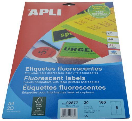 APLI - ETIQUETAS ADH.IMPR. A4 FLUOR VERDE LS-CP C.ROMOS BLISTER 20h 99,1x67,7 mm 160 uds.(0) (Ref.2877)