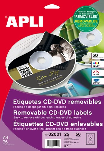 APLI - ETIQUETAS ADH.IMPR. A4 MULTIMED.CD-DVD CLASICA BLISTER 25h REMOVIBLE MATE Ø ext.114 e int.41 mm 50 uds.(0) (Ref.2001)