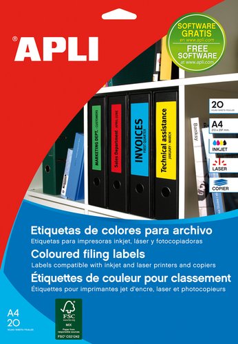 APLI - ETIQUETAS ADH.IMPR. A4 para ARCHIVO C.ROMOS BLISTER 20h COL.VERDE 190x61 mm 80 uds.(0) (Ref.1377)