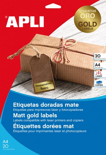 APLI - ETIQUETAS ADH.IMPR. A4 POLYESTER MATE BLISTER 20h ORO 63,5x29,6 mm C.RECTOS 540 uds.() (Ref.14887)