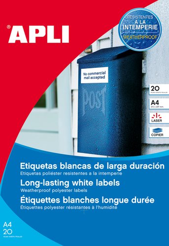 APLI - ETIQUETAS ADH.IMPR. A4 POLYESTER MATE RESISTENTE INTEMPERIE LS-CP BLISTER 20h BLANCO 45,7x21,2 mm C.ROMOS 960 uds.() (Ref.12112)