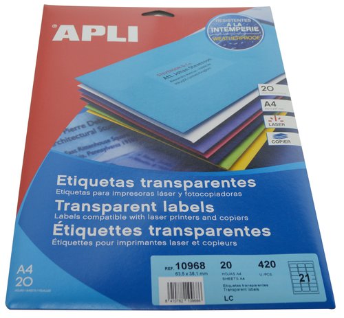 APLI - ETIQUETAS ADH.IMPR. A4 POLYESTER TRANSLUC.MATE LS-CP BLISTER 20h 63,5x38,1 mm C.ROMOS 420 uds.() (Ref.10968)