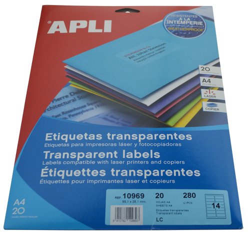 APLI - ETIQUETAS ADH.IMPR. A4 POLYESTER TRANSLUC.MATE LS-CP BLISTER 20h 99,1x38,1 mm C.ROMOS 280 uds.() (Ref.10969)