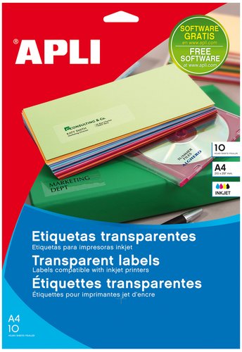 APLI - ETIQUETAS ADH.IMPR. A4 POLYESTER TRANSLUC.MATE LS-CP CAJA 100h 210x297 mm C.RECTOS 100 uds.() (Ref.11919)