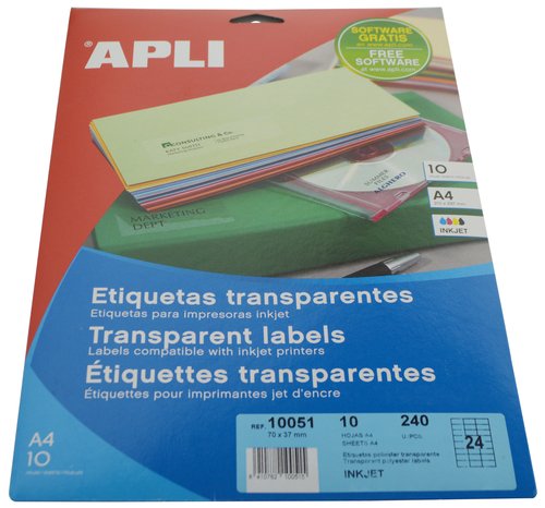APLI - ETIQUETAS ADH.IMPR. A4 POLYESTER TRANSP.BRILLO INKJET BLISTER 10h 70x37 mm C.RECTOS 240 uds.() (Ref.10051)