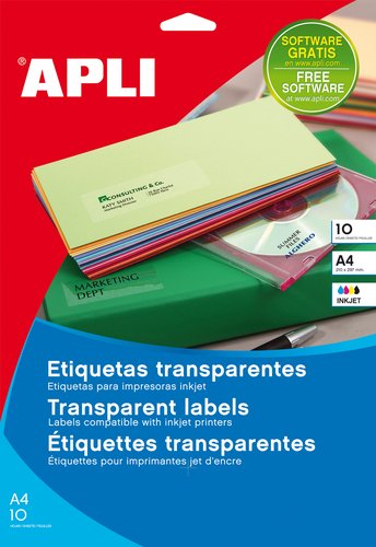 APLI - ETIQUETAS ADH.IMPR. A4 POLYESTER TRANSP.BRILLO INKJET BLISTER 10h 99,1x38,1 mm C.ROMOS 140 uds.() (Ref.10052)