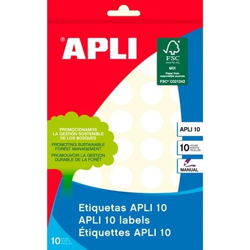 APLI - ETIQUETAS ADH.MANUALES BOLSA BLANCAS 10h REDONDAS Ø 19 mm 400 uds.(0) (Ref.1628)