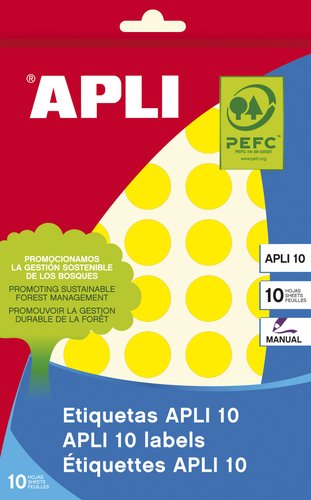 APLI - ETIQUETAS ADH.MANUALES BOLSA COLOR AMARILLO 8h REDONDAS Ø 19 mm 320 uds.(0) (Ref.2742)