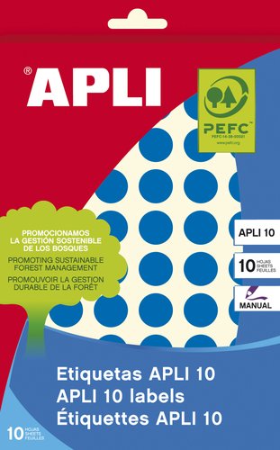 APLI - ETIQUETAS ADH.MANUALES BOLSA COLOR AZUL 8h REDONDAS Ø 13 mm 616 uds.(0) (Ref.2735)