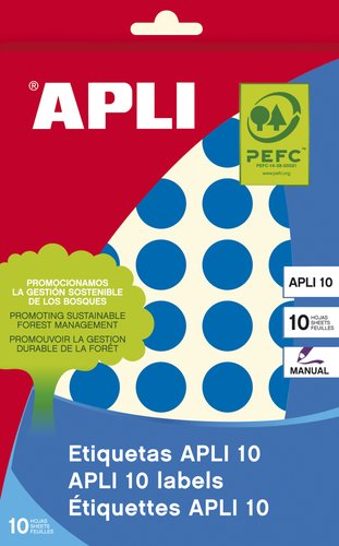 APLI - ETIQUETAS ADH.MANUALES BOLSA COLOR AZUL 8h REDONDAS Ø 19 mm 320 uds.(0) (Ref.2743)