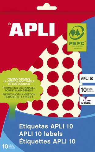 APLI - ETIQUETAS ADH.MANUALES BOLSA COLOR ROJO 8h REDONDAS Ø 13 mm 616 uds.(0) (Ref.2736)