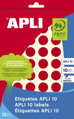 APLI - ETIQUETAS ADH.MANUALES BOLSA COLOR ROJO 8h REDONDAS Ø 16 mm 432 uds.(0) (Ref.2740)