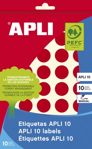 APLI - ETIQUETAS ADH.MANUALES BOLSA COLOR ROJO 8h REDONDAS Ø 19 mm 320 uds.(0) (Ref.2744)
