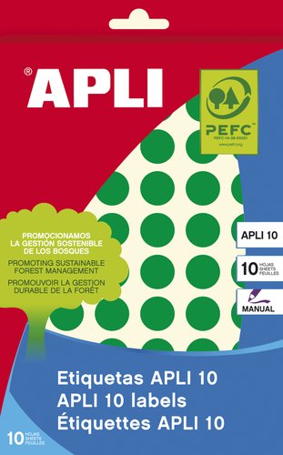 APLI - ETIQUETAS ADH.MANUALES BOLSA COLOR VERDE 8h REDONDAS Ø 13 mm 616 uds.(0) (Ref.2737)