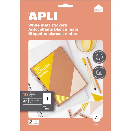 APLI - ETIQUETAS BLANCAS MATE PARA IMPRESORA INKJET/ 210X297 MM / CANTOS RECTOS - 10 HOJAS- (Ref.18110)