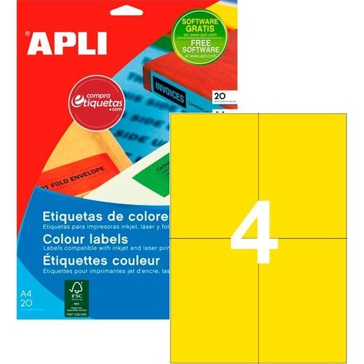 APLI - ETIQUETAS DE ADHESIVO PERMANENTE 105,0 X 148,0 MM CANTOS ROMOS AMARILLO FLUORESCENTE -20 HOJAS- (Ref.12991)