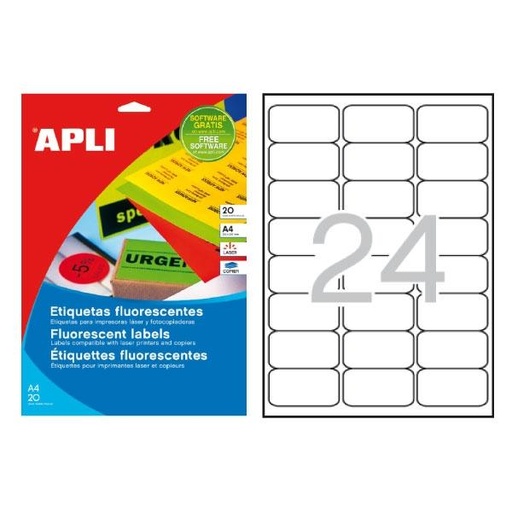 APLI - ETIQUETAS DE ADHESIVO PERMANENTE 64,0 X 33,9 MM IMPRIMIBLES VERDE FLUORESCENTE -20 HOJAS- (Ref.2873)