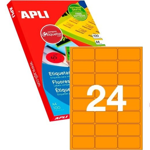 APLI - ETIQUETAS DE ADHESIVO PERMANENTE 64X33,9 MM CANTOS ROMOS NARANJA FLUORESCENTE -100 HOJAS- (Ref.12982)