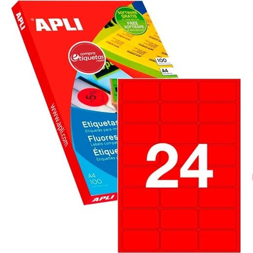 APLI - ETIQUETAS DE ADHESIVO PERMANENTE 64X33,9 MM CANTOS ROMOS ROJO FLUORESCENTE -100 HOJAS- (Ref.12983)