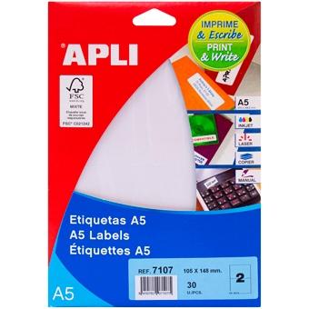 APLI - ETIQUETAS PERMANENTES PARA INKJET LÁSER Y FOTOCOPIADORAS 105X148 MM CANTOS RECTOS BLANCO -15 HOJAS- (Ref.7107)