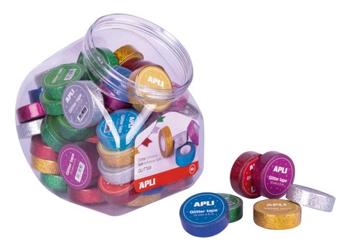 APLI - EXPOSITOR CINTA DE PAPEL ADHESIVA DECORATIVA GLITTER ROLLO 15MMX5M COLORES SURTIDOS -60U- (Ref.18520)