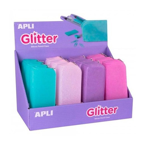 APLI - EXPOSITOR ESTUCHE PORTATODO DE SILICONA SOFT GLITTER COLORES SURTIDOS -12U- (Ref.18216)