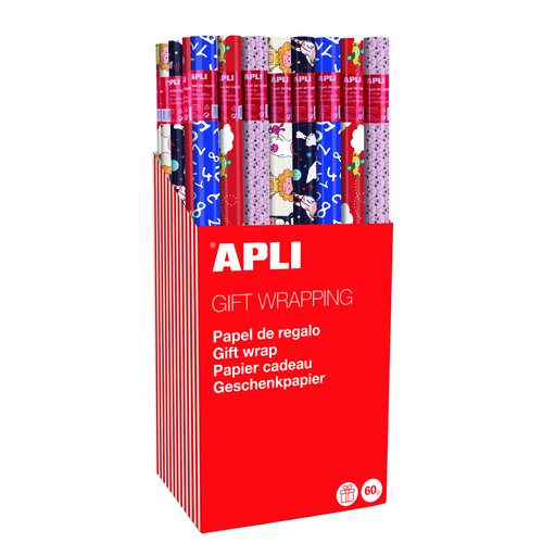 APLI - EXPOSITOR PAPEL DE REGALO INFANTIL ROLLO 0,7X2M COLORES SURTIDOS -55U- (Ref.14002)