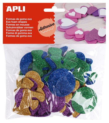 APLI - GOMA EVA FORMAS ADHESIVAS con PURPURINA ALFABETO COLOR BOLSA de 52 (Ref.13487)