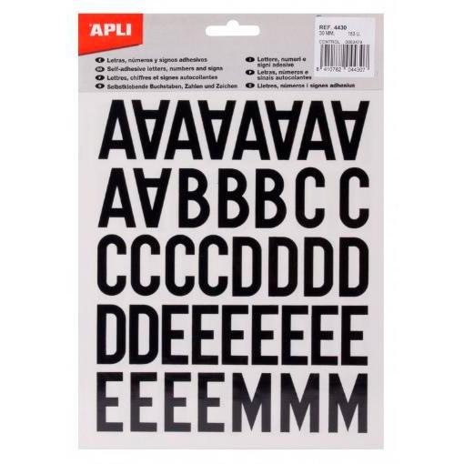 APLI - LETRAS, NÚMEROS Y SIGNOS DE PALO ADHESIVAS MAYÚSCULAS DE 30MM NEGRO -4 HOJAS- (Ref.4430)