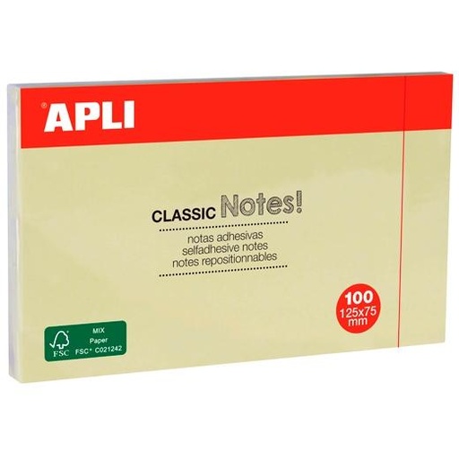 APLI - NOTAS ADHESIVAS CLASICAS 125X75 MM AMARILLAS BLOC DE 100 H -12U- (Ref.10976)