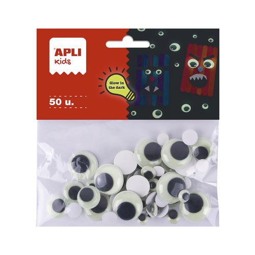 APLI - OJOS MÓVILES GLOW IN THE DARK VARIOS TAMAÑOS SURTIDOS BOLSA DE 50 NEGRO +4 AÑOS (Ref.19368)