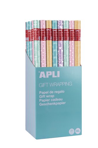 APLI - PAPEL DE REGALO NORDIK FUN ROLLO 0,7X2M COLORES SURTIDOS -EXPOSITOR 55U- (Ref.18630)