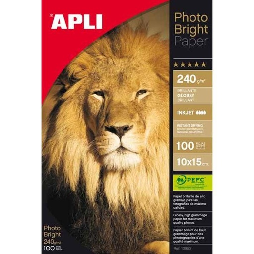 APLI - PAPEL FOTOGRÁFICO BRILLANTE 240 GR. TAMAÑO 10X15 CM - 100 HOJAS - (Ref.10953)