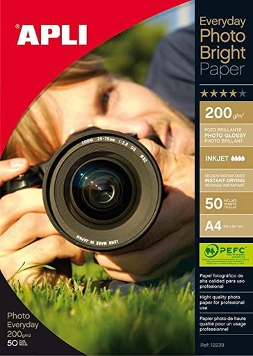 APLI - PAPEL FOTOGRÁFICO PROFESIONAL BRILLANTE INKJET 200 GR. TAMAÑO A4 - 50 HOJAS - (Ref.12239)