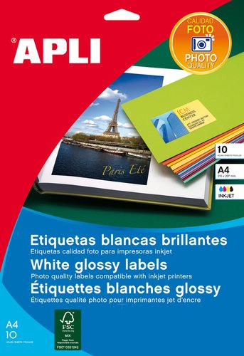 APLI - PAPEL INKJET FOTO ADHESIVO A4 (199,6x289,1) 10h GLOSSY (Ref.2926)