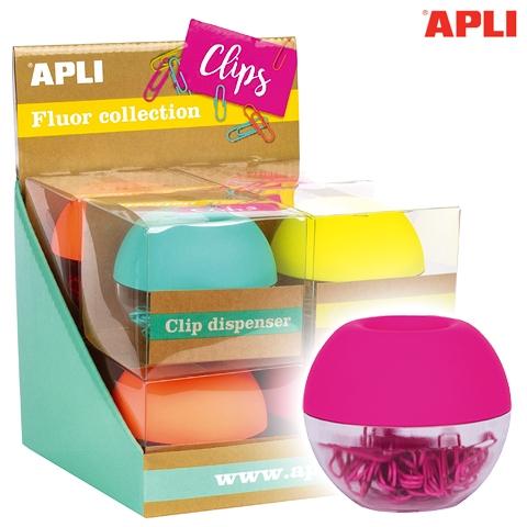 APLI - PORTACLIPS REDONDO CON 50 CLIPS COLORES SURTIDOS CAJA EXPOSITOR DE 8 (Ref.16905)
