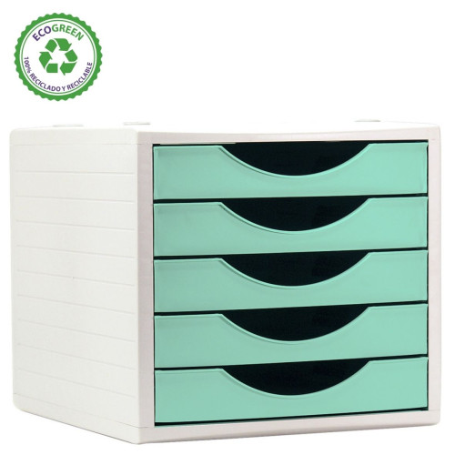 ARCHIVOTEC - MÓDULO ECOGREEN 100% RECICLADO Y RECICLABLE 5 CAJONES VERDE PASTEL 340X270X260 MM ARCHIVO 2000 (Ref.4005 VE PS)