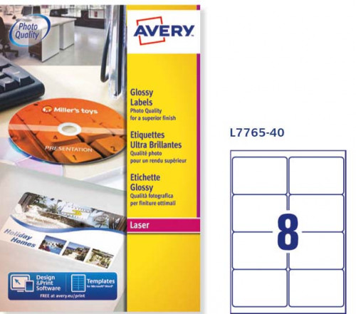 AVERY - CAJA DE 40 HOJAS (8 ETIQXHOJA) ETIQUETAS BLANCAS BRILLANTES 99,1X67,7MM (Ref.L7765-40)