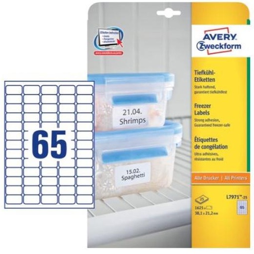 AVERY - ETIQUETA ADHESIVA PARA CONGELADOR BLANCA 38,1X21,1 MM INK-JET LASER Y FOTOCOPIADORA PACK DE 25 (Ref.L7971-25)