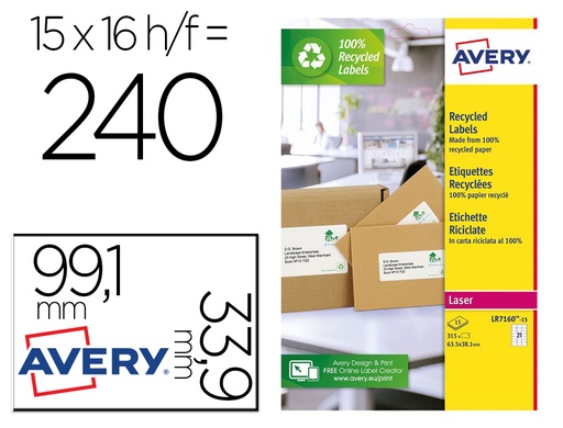 AVERY - ETIQUETA ADHESIVA BLANCA PERMANENTE RECICLADA 100% PARA IMPRESORA LASER 99,1X33,9 MM CAJA DE 240 (Ref.LR7162-15)