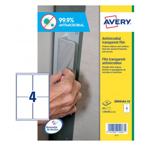 AVERY - ETIQUETAS ADH. A4 POLYESTER ANTIBACTERIANA Y ANTIMICROBIANA REMOVIBLE CAJA 10h 139x99,1 mm 40 uds.() (Ref.AM004A4)