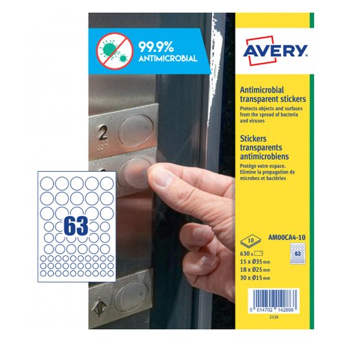 AVERY - ETIQUETAS ADH. A4 POLYESTER ANTIBACTERIANA Y ANTIMICROBIANA REMOVIBLE CAJA 10h CIRCULOS SURTIDOS (3,5x3,5-2,5x2,5-1,5x1,5) 630 uds.() (Ref.AM00CA4)