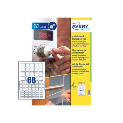 AVERY - ETIQUETAS ADH. A4 POLYESTER ANTIBACTERIANA Y ANTIMICROBIANA REMOVIBLE CAJA 10h CUADRADOS SURTIDO (3x3-2x2-2x1,5) 680 uds.() (Ref.AM00SA4)