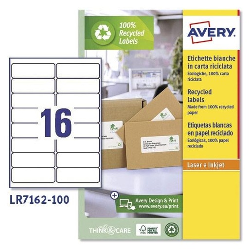 AVERY - ETIQUETAS ADH.IMPR. A4 BLANCA RECICLADA QUICKPEEL LASER 99.1x33.9 mm CAJA 100h (Ref.LR7162-100)