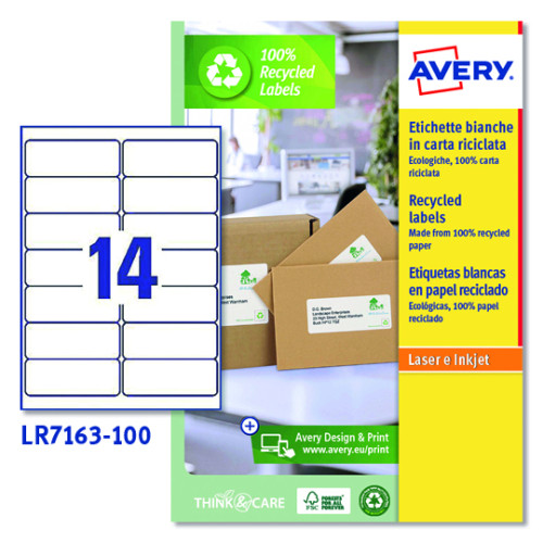 AVERY - ETIQUETAS ADH.IMPR. A4 BLANCA RECICLADA QUICKPEEL LASER 99.1x38.1 mm CAJA 100h (Ref.LR7163-100)