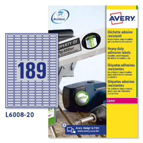AVERY - ETIQUETAS ADH.IMPR. A4 POLYESTER PLATA C.ROMOS LASER CAJA 20h 25,4x10 mm 3.780 uds.(L6008) (Ref.L6008-20)