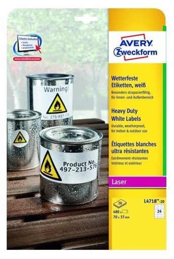 AVERY - ETIQUETAS EXTRA RESISTENTES 70X37MM POLIESTER BLANCO (Ref.L4718-20)