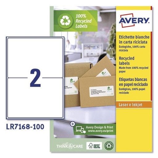 AVERY - PACK 100 HOJAS X2 ETIQUETAS 199,6X143,5MM PARA ENVÍOS INKJET/LÁSER 100% RECICLADO BLANCO (Ref.LR7168-100)